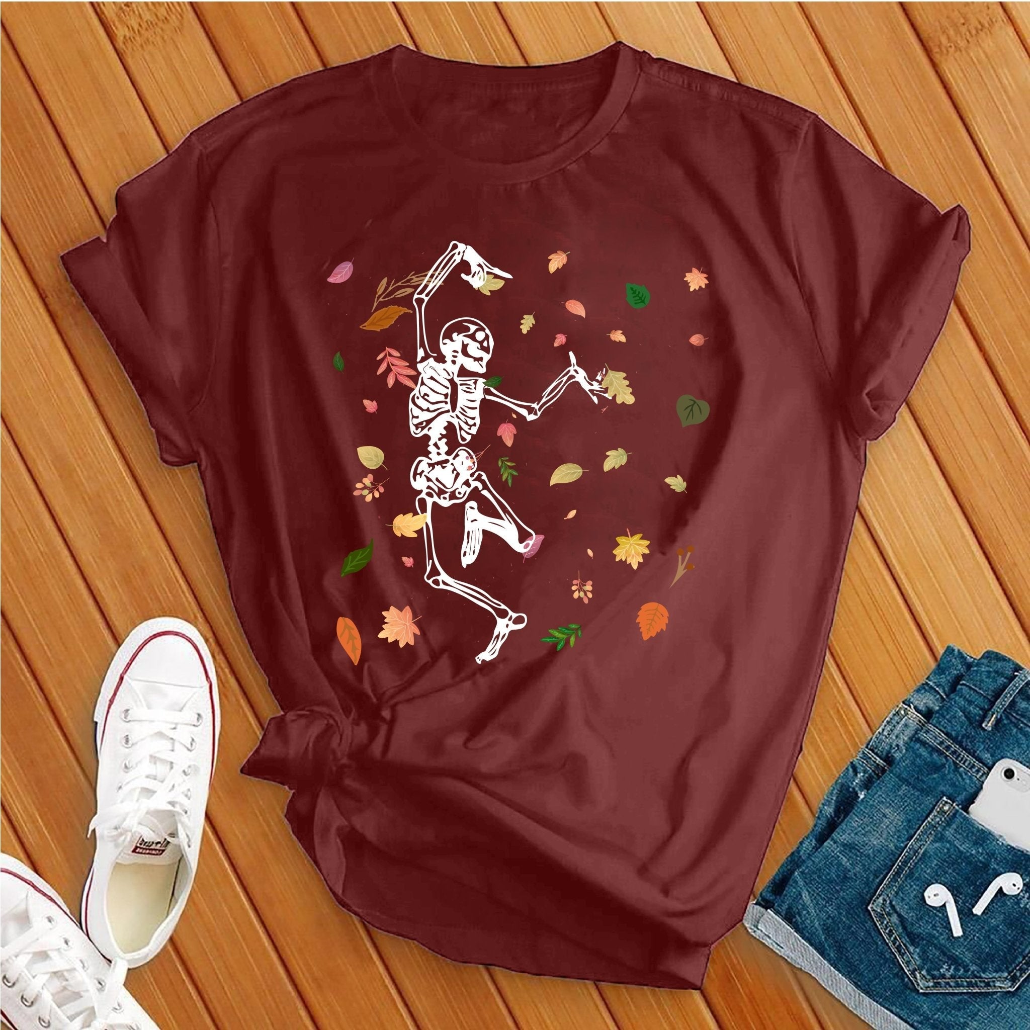 Dancing Skeleton Falling Leaves Tee - Love Tees