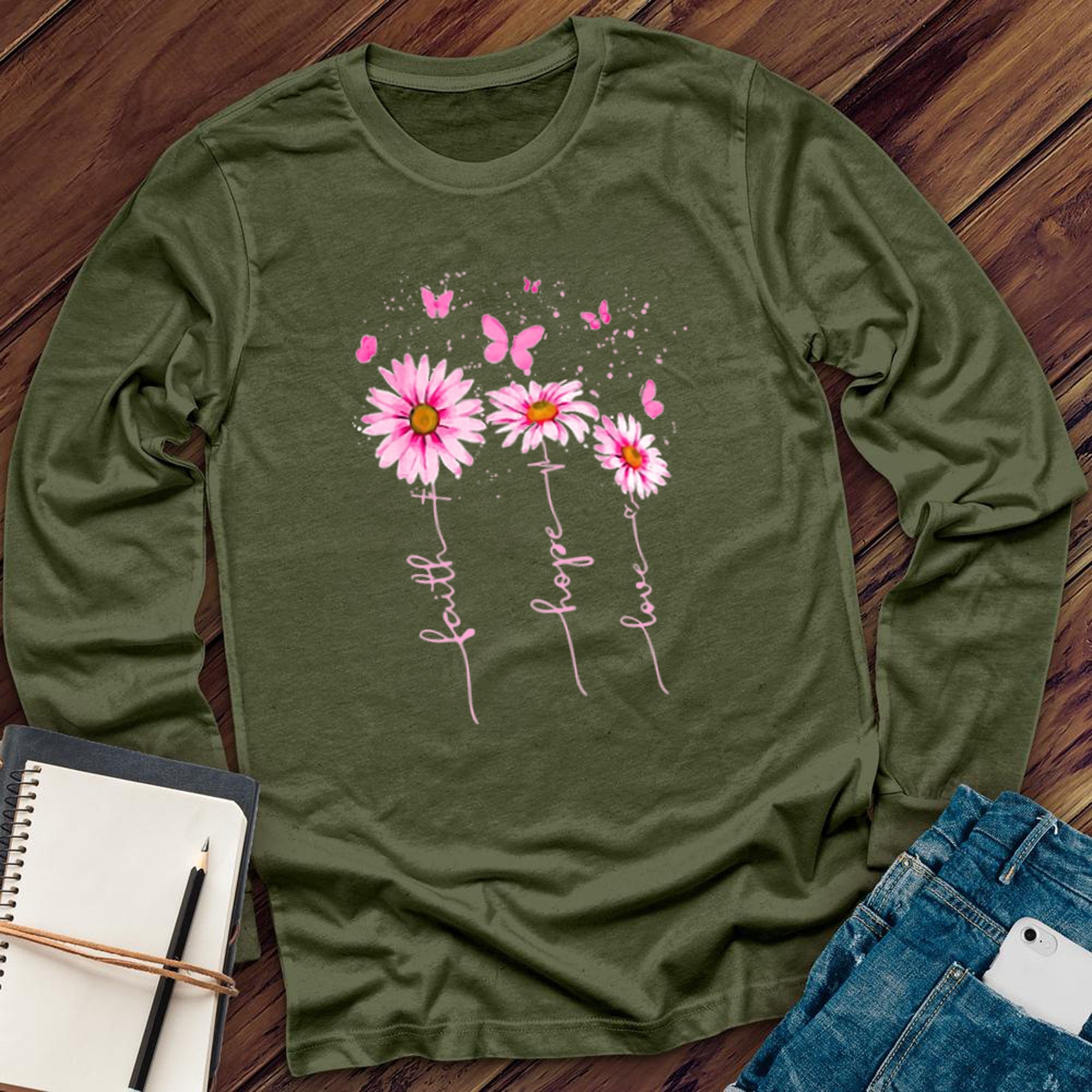 Pink Faith Hope Love Flowers Long Sleeve - Love Tees