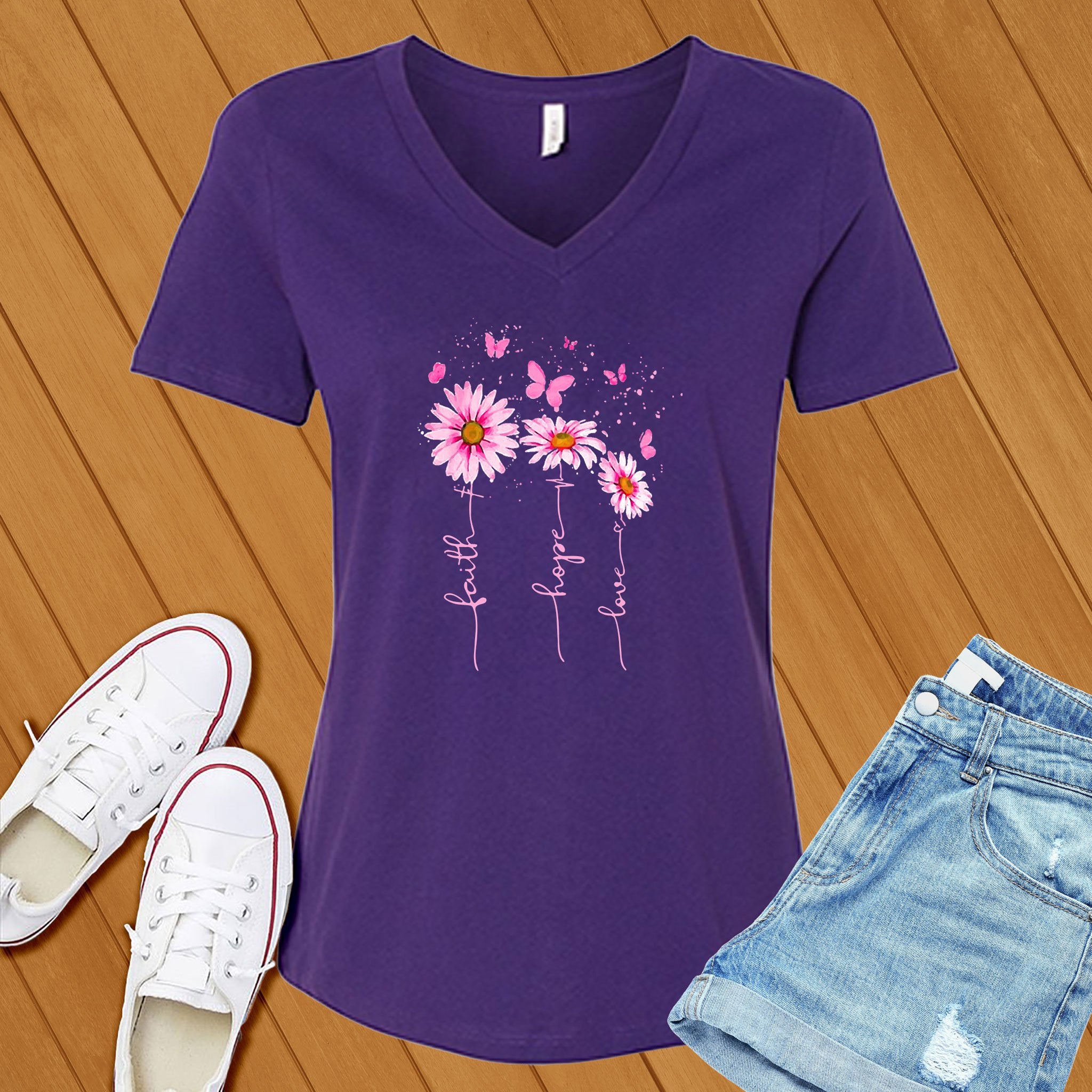 Pink Faith Hope Love Flowers V-Neck - Love Tees