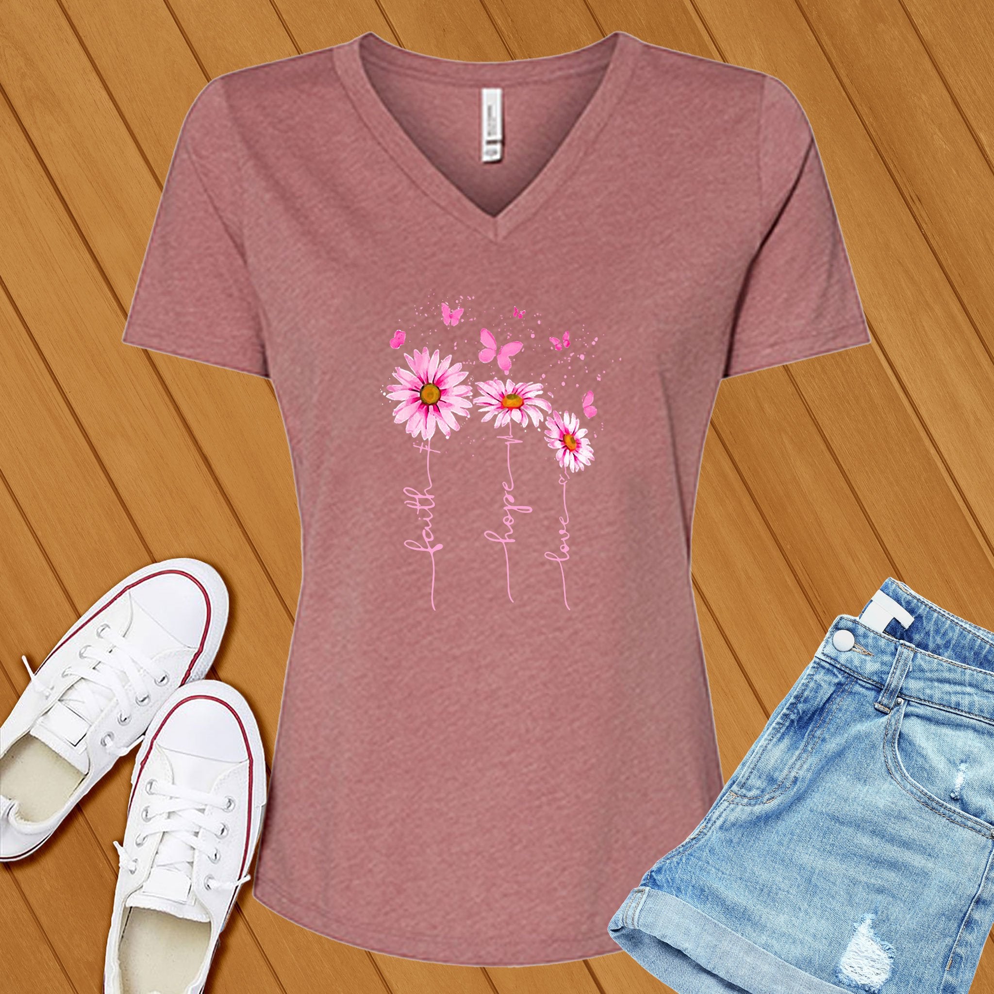 Pink Faith Hope Love Flowers V-Neck - Love Tees