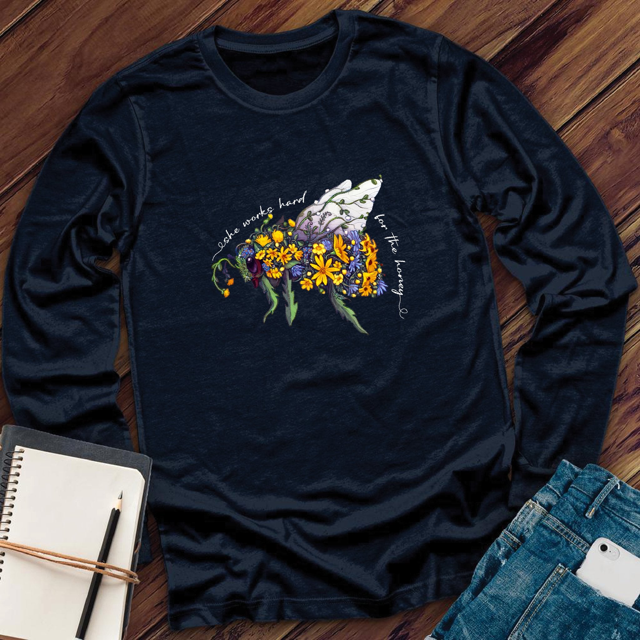 She Works Hard For The Honey Floral Bee Long Sleeve - Love Tees