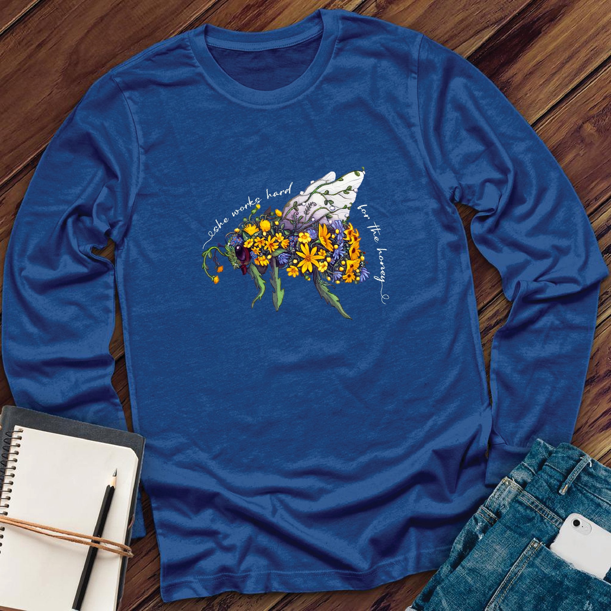She Works Hard For The Honey Floral Bee Long Sleeve - Love Tees